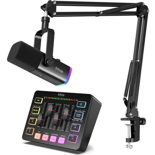 FIFINE - Starterspack 2.0 - AM8T & SC3 - Podcast Starterspack - Gaming Streaming - USB RGB Microfoon met Boom Arm - Streaming Deck - DJ Mixer