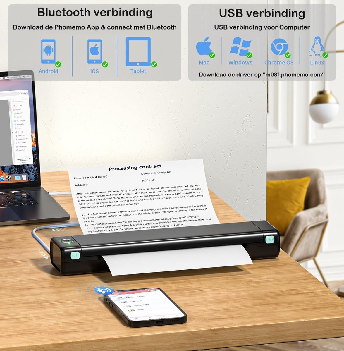 Phomemo - M08F - Portable Bluetooth Printer - A4 Formaat - Draadloos - Thermische Inktvrije Printer - Met App