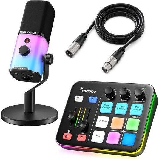 Maono - Starterspack - PD100X & G1 NEO & XLR Kabel - Podcast Starterspack - Gaming Streaming - USB RGB Microfoon - Streaming Deck - DJ Mixer