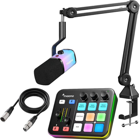 Maono - Starterspack 2.0 - PD100XS & G1 NEO + XLR Kabel - Podcast Starterspack - Gaming Streaming - USB RGB Microfoon met Boom Arm - Streaming Deck - DJ Mixer