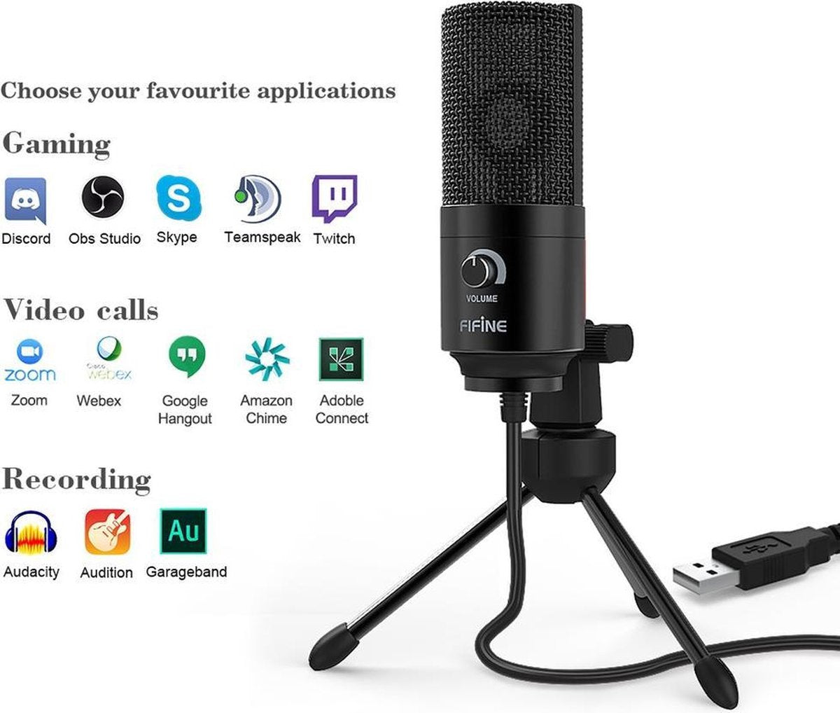 Fifine - K669B - USB Microfoon met Volumeknop - Streaming / Podcasting - Tripod Standaard