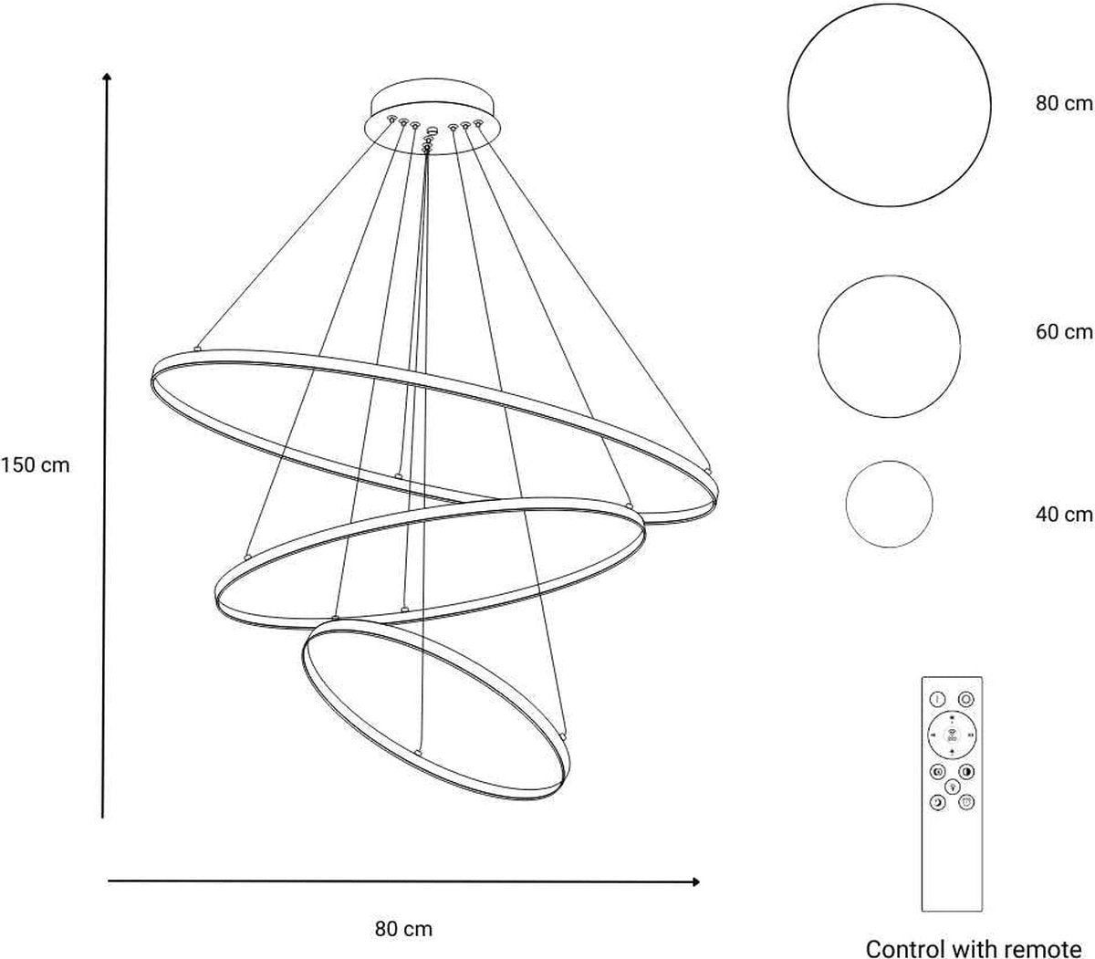 INOLEDS® - Design Hanging Lamp Black - Dimmable LED - Three Rings - Ø80cm - Height Adjustable - With Remote Control - Dining room - Living room - Hanging lamps