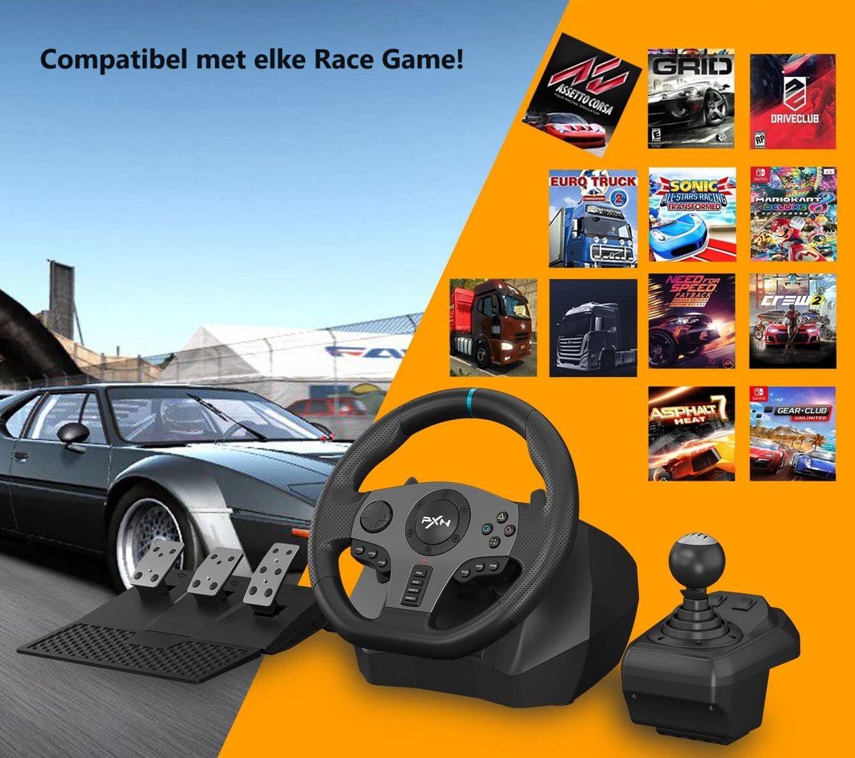 pxn v9 gaming lenkrad mit pedalen und schalthebel PXN – V9 – Rennrad – mit Pedalen und Schalthebel – 270/900° – Game Whe – APO Dealmakers