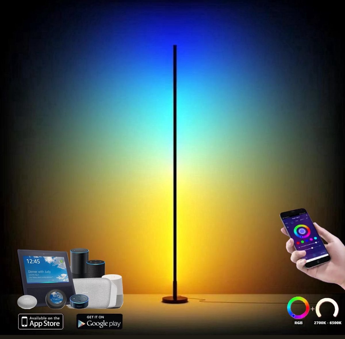 INOLEDS® - Smart RGB Vloerlamp Mat Zwart - Bedienbaar Met App - Tuya Smart - LED Licht - 160cm - Woonkamerlamp - 16 Miljoen Verschillende Kleuren