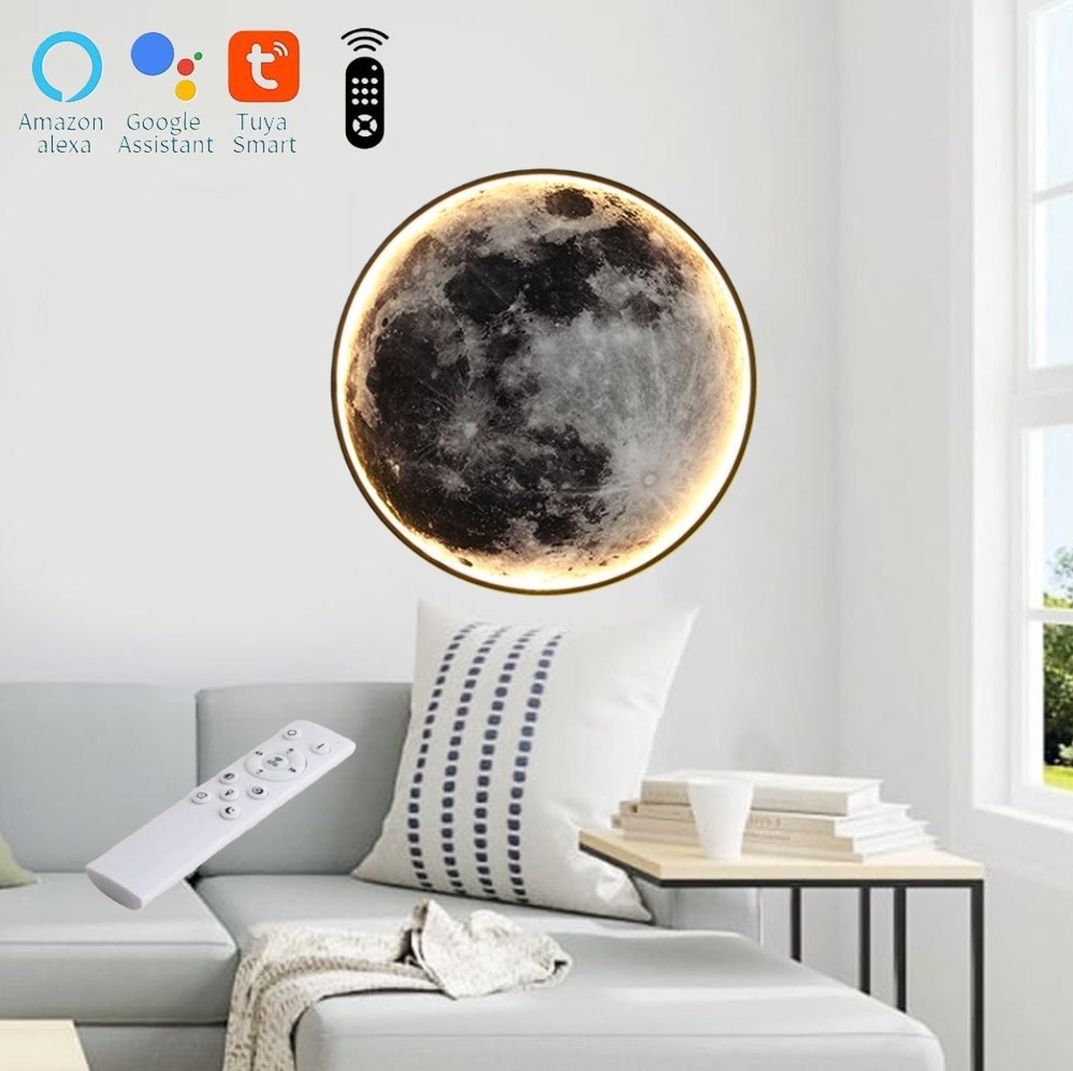 INOLEDS® Moon Wall Lamp &amp; Ceiling Lamp - Ø 60 cm - Moon Lamp - Scandinavian Style - LED lighting - With Remote Control - Google Home &amp; Alexa - Tuya Smart - 3,000-6,000K