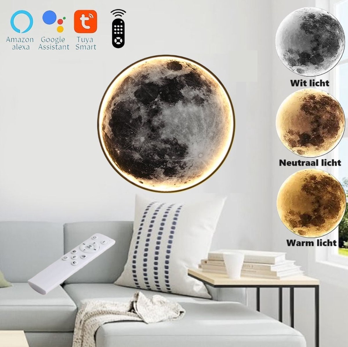 INOLEDS® Moon Wandlamp & Plafondlamp - Ø 60 cm - Maanlamp - Scandinavische Stijl - LED verlichting - Met Afstandsbediening - Google Home & Alexa - Tuya Smart - 3.000-6.000K