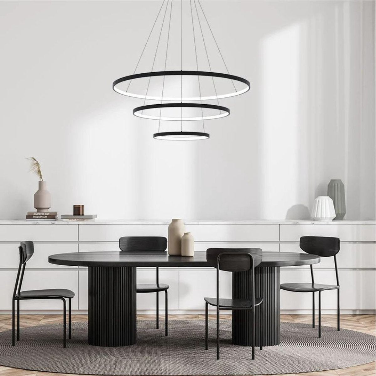 INOLEDS® - Design Hanging Lamp Black - Dimmable LED - Three Rings - Ø80cm - Height Adjustable - With Remote Control - Dining room - Living room - Hanging lamps