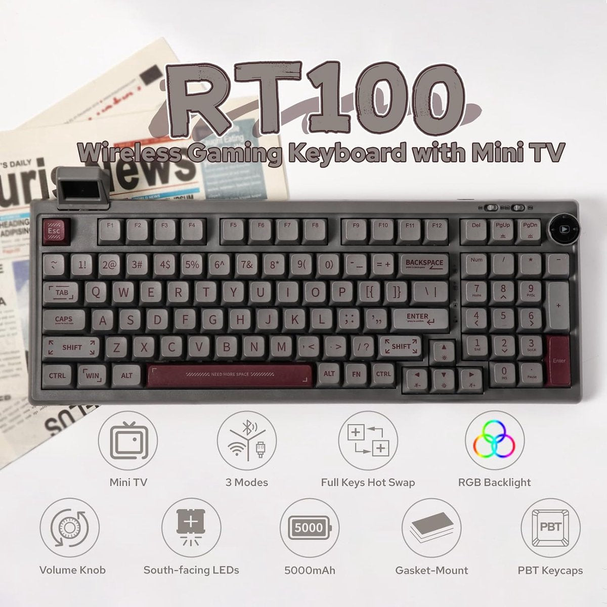 EPOMAKER RT100 - Deep Gray - Mechanisch Draadloos Toetsenbord - 95% - QWERTY - Retro Mechanical Keyboard met Draaiknop en Mini Scherm - Flamingo Switch