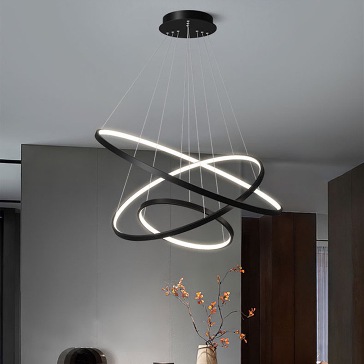 INOLEDS® - Design Hanging Lamp Black - Dimmable LED - Three Rings - Ø80cm - Height Adjustable - With Remote Control - Dining room - Living room - Hanging lamps