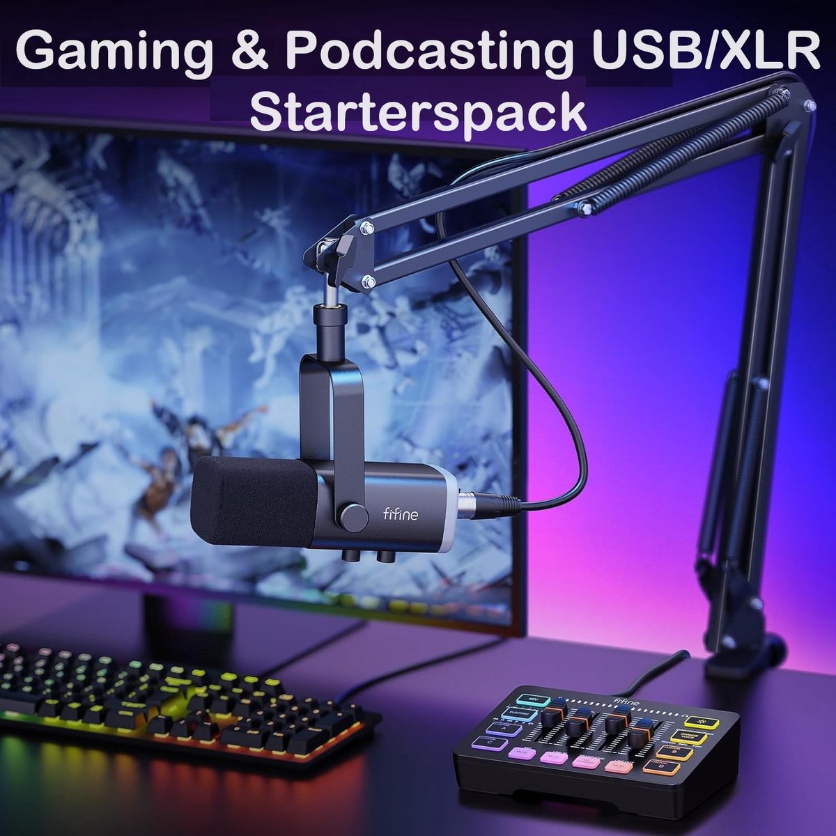 FIFINE - Starterspack 2.0 - AM8T & SC3 - Podcast Starterspack - Gaming Streaming - USB RGB Microfoon met Boom Arm - Streaming Deck - DJ Mixer