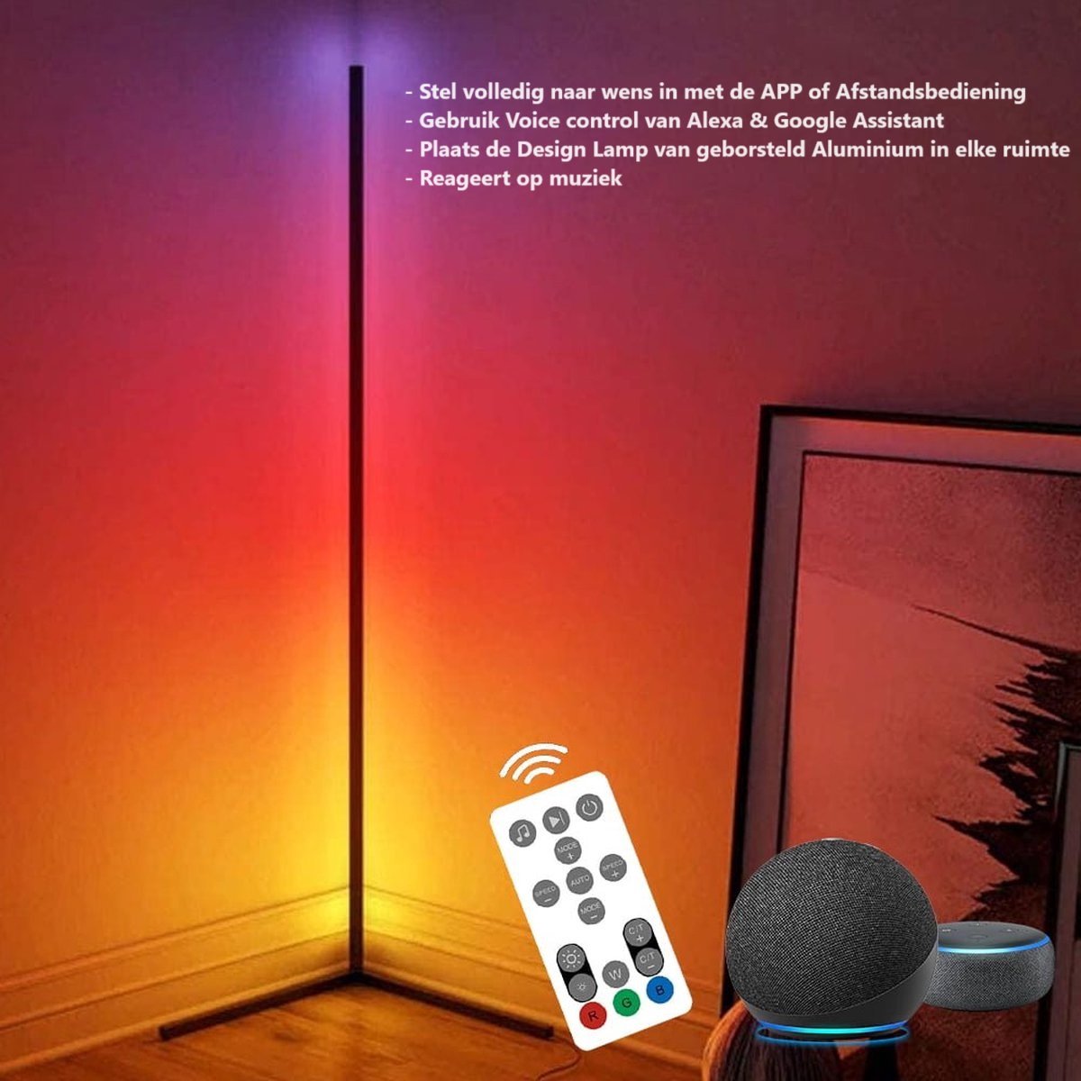 INOLEDS® - Duurzame Minimalistische Smart RGB Vloerlamp - Met App - Tuya Smart - LED Licht - 142cm - Mat Zwart