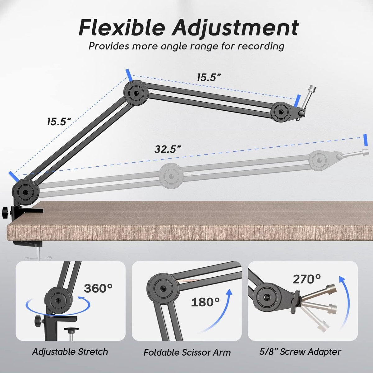 Fifine - BM63 - Zwart - Universele Boom Arm - Microfoon Arm - Zonder Microfoon - Horizontaal & Verticaal - Tot 2kg Gewicht - Inclusief Kabelbinders