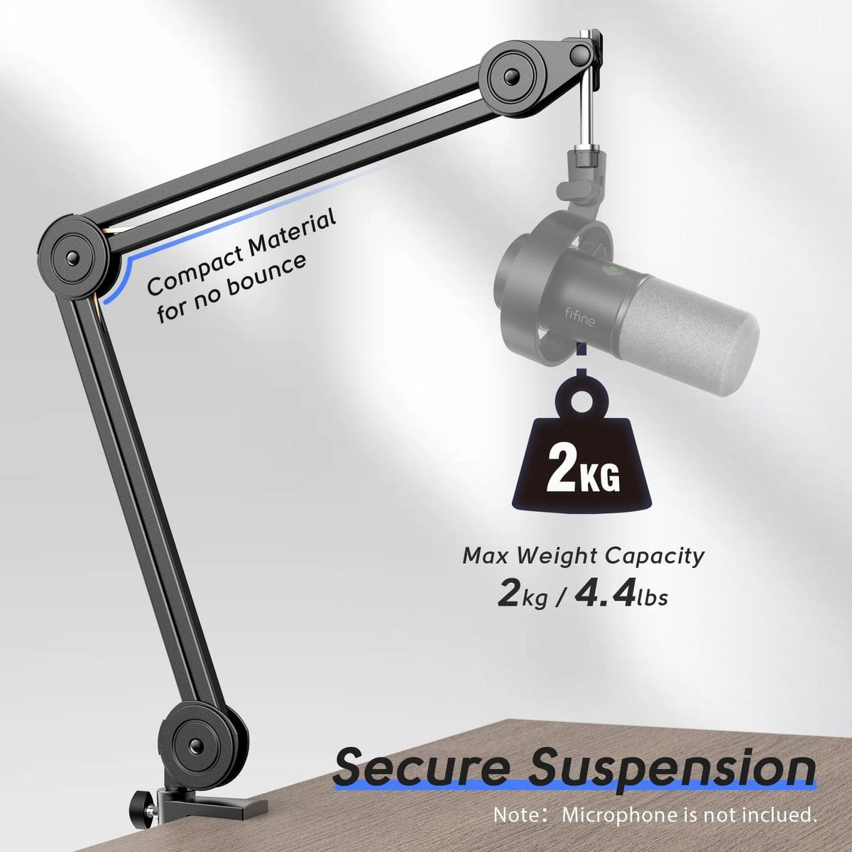 Fifine - BM63 - Zwart - Universele Boom Arm - Microfoon Arm - Zonder Microfoon - Horizontaal & Verticaal - Tot 2kg Gewicht - Inclusief Kabelbinders