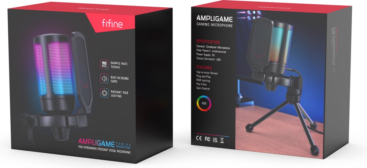 FIFINE - A6V - USB RGB Streaming Microfoon met Standaard - Gaming - Podcast