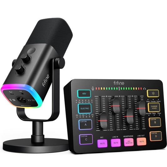 FIFINE - Starterspack - AM8 & SC3 - Podcast Starterspack - Gaming Streaming - USB RGB Microfoon - Streaming Deck - DJ Mixer