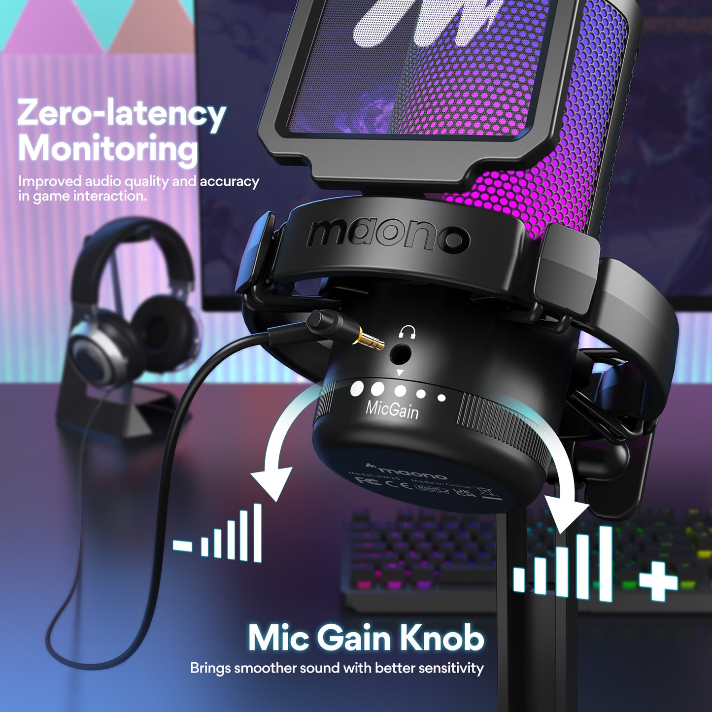 Maono DGM20 - USB RGB Streaming Microfoon met Ruisonderdrukking - Gaming - Podcast - PS5 / PS4 / PC / MAC / Windows / iPhone / Android - Touch Mute Knop - Popfilter