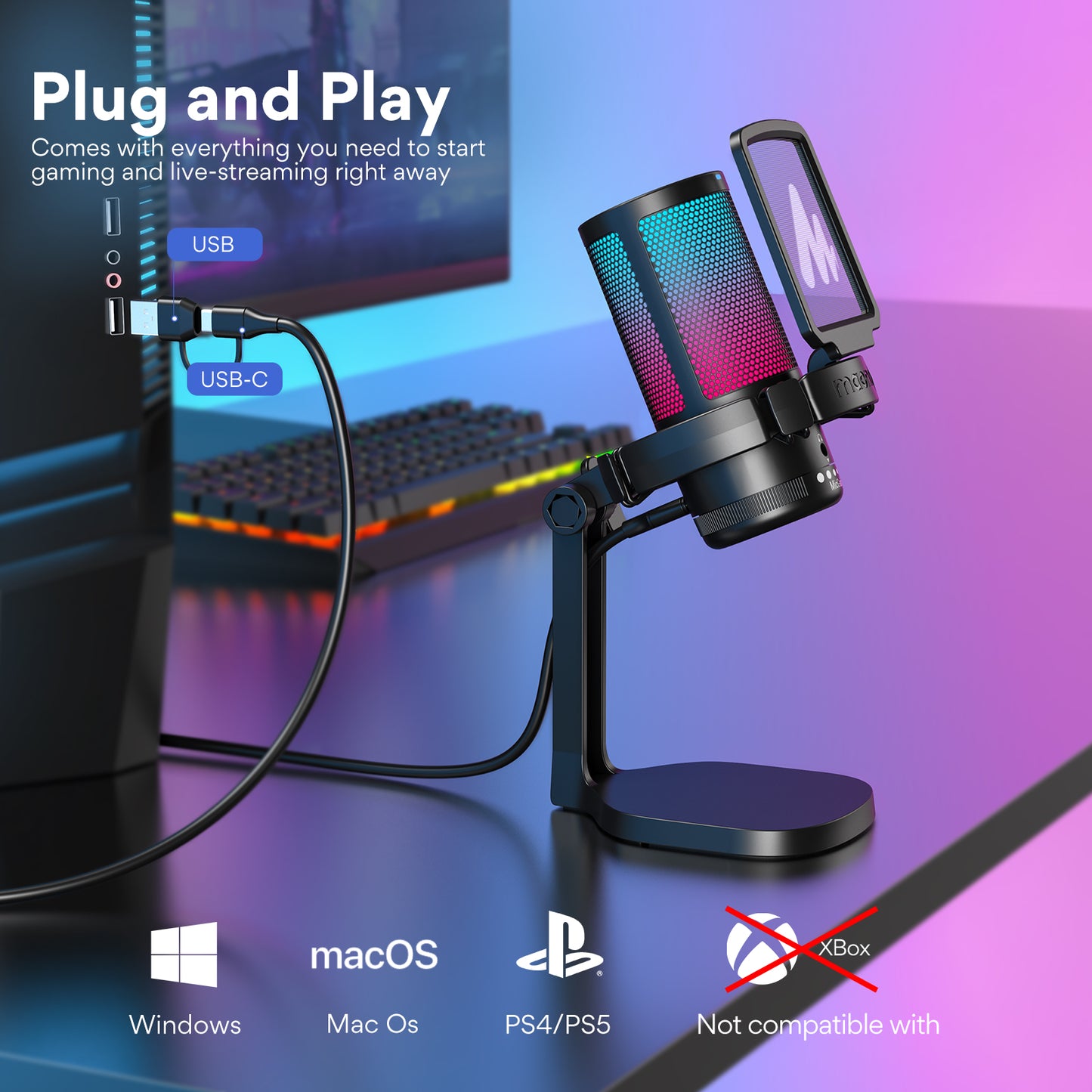 Maono DGM20 - USB RGB Streaming Microfoon met Ruisonderdrukking - Gaming - Podcast - PS5 / PS4 / PC / MAC / Windows / iPhone / Android - Touch Mute Knop - Popfilter