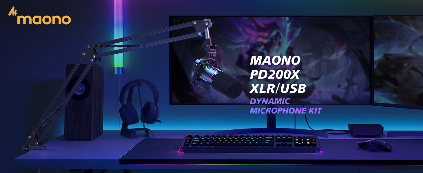 Maono PD200XS - XLR Dynamische RGB Microfoon met Telescopische Arm (66cm!) - PC - USB-microfoon voor Streaming / Podcast / Studio / Gaming / PS4/5 / Mac