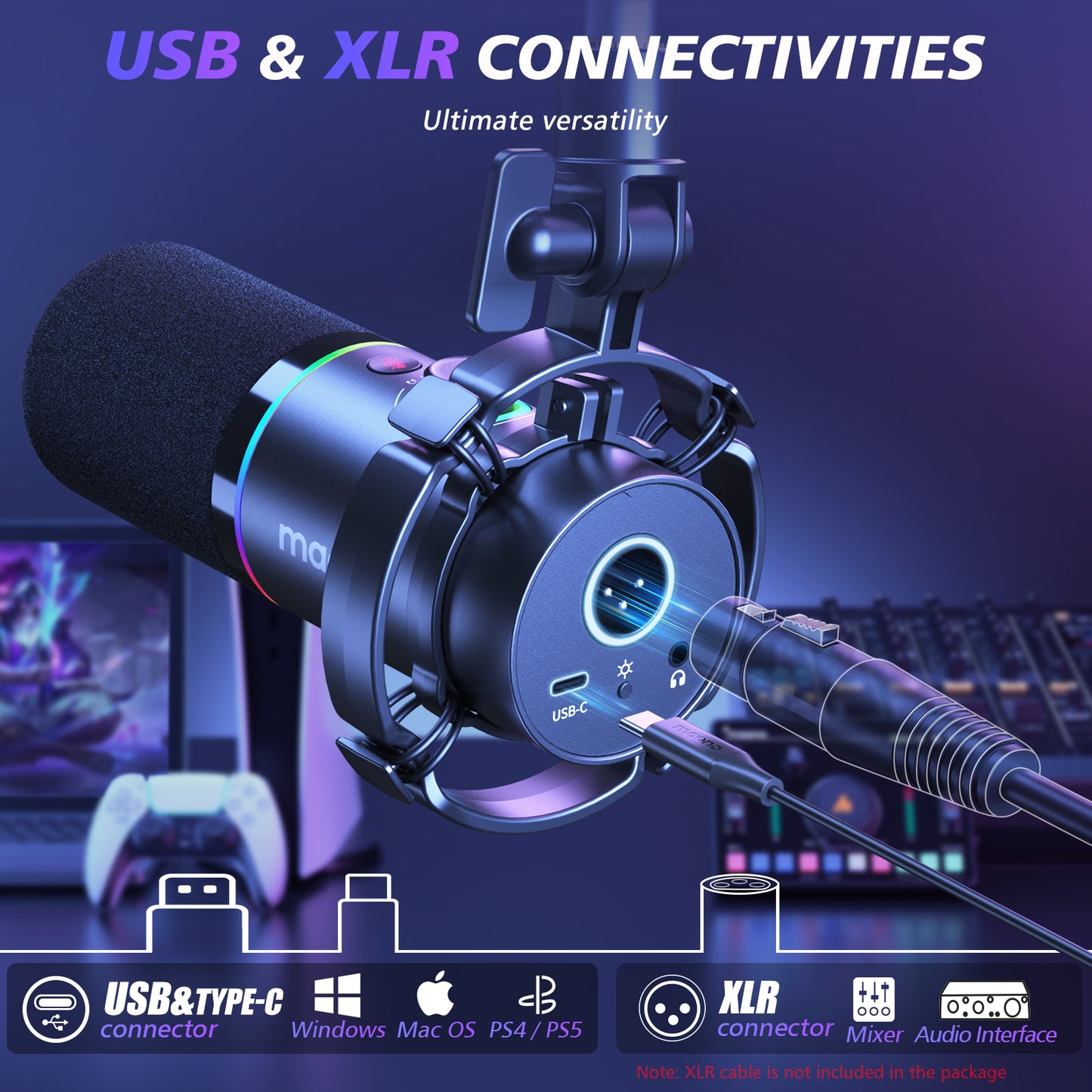 Maono PD200XS - XLR Dynamische RGB Microfoon met Telescopische Arm (66cm!) - PC - USB-microfoon voor Streaming / Podcast / Studio / Gaming / PS4/5 / Mac