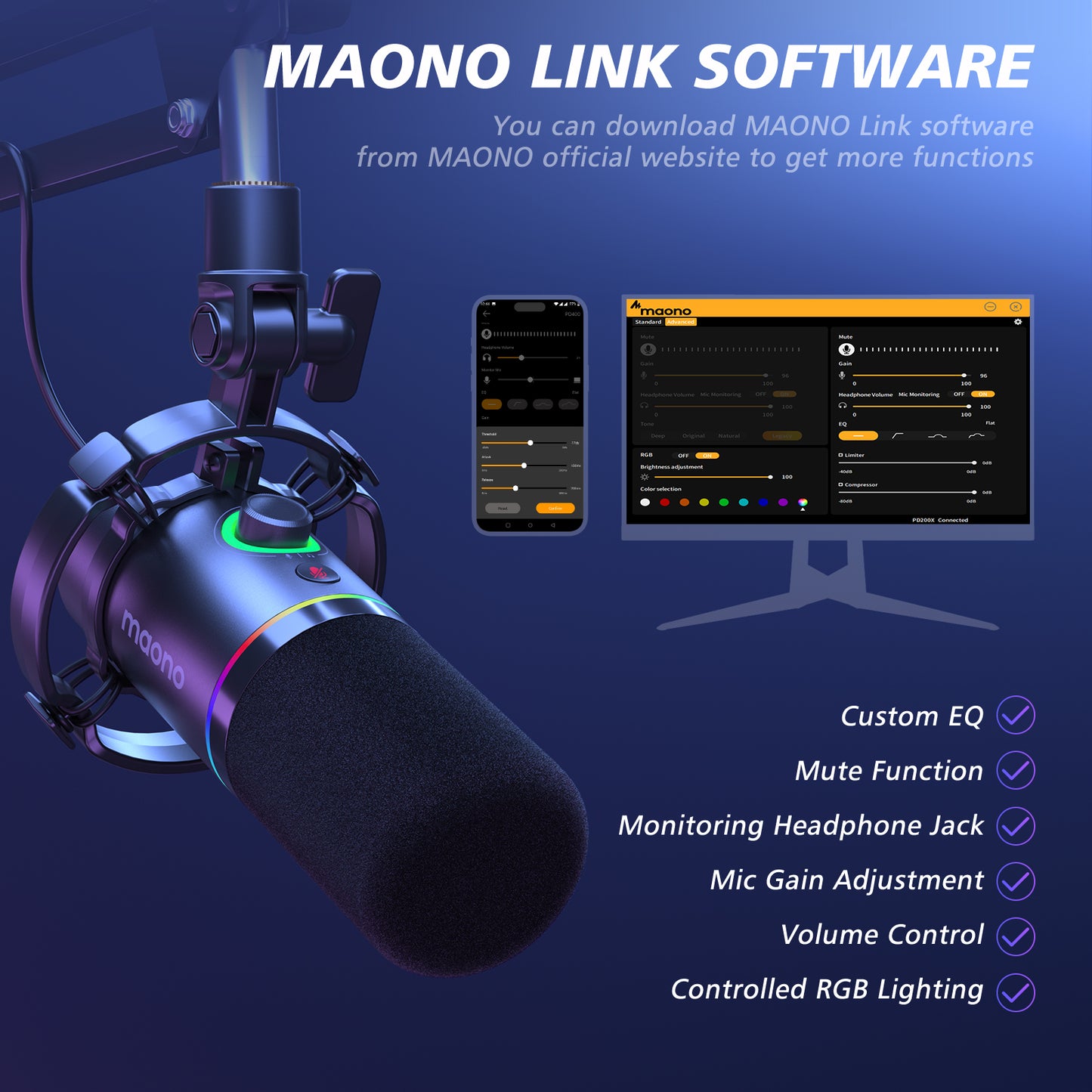 Maono PD200XS - XLR Dynamische RGB Microfoon met Telescopische Arm (66cm!) - PC - USB-microfoon voor Streaming / Podcast / Studio / Gaming / PS4/5 / Mac