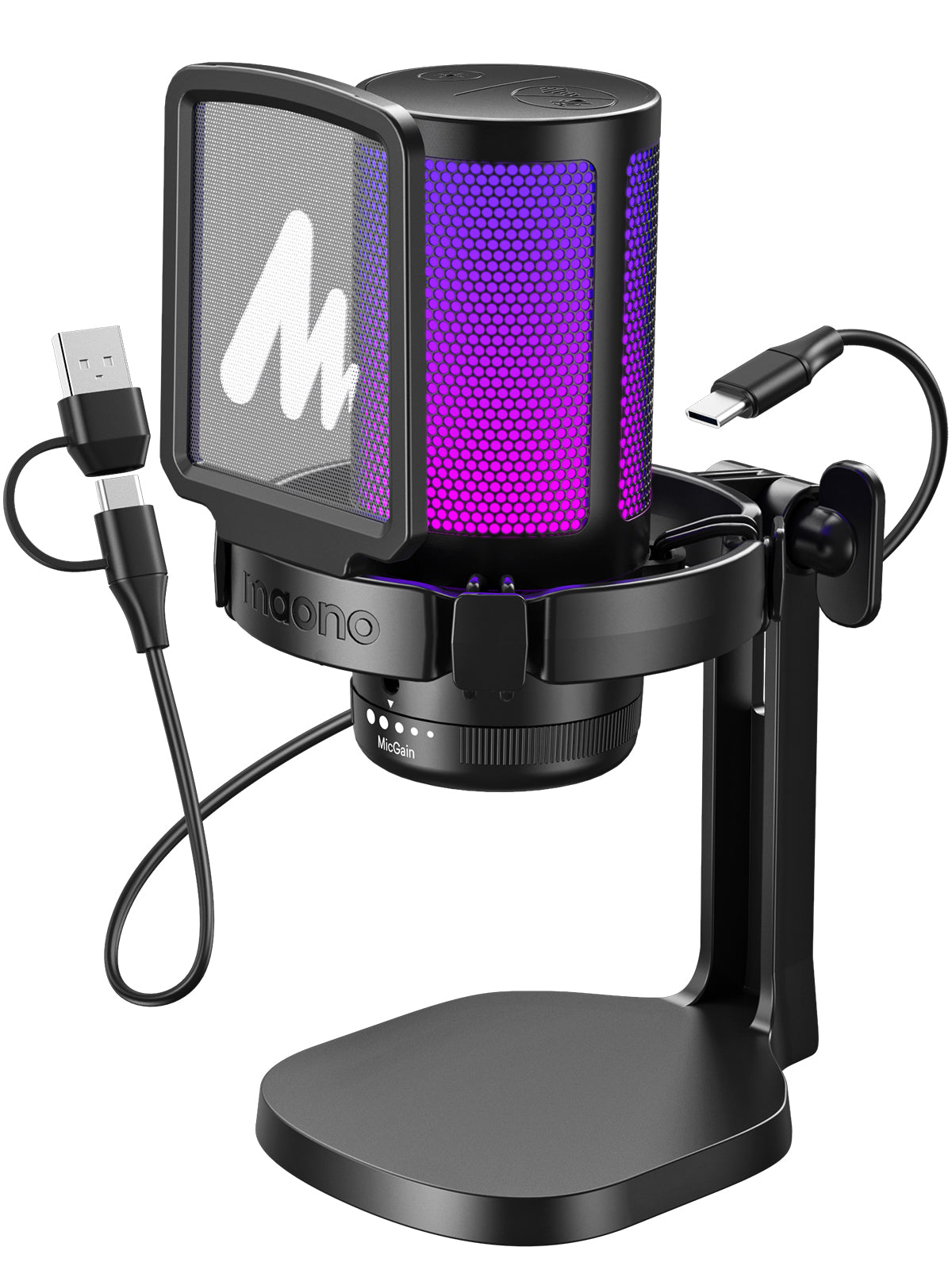 Maono DGM20 - USB RGB Streaming Microfoon met Ruisonderdrukking - Gaming - Podcast - PS5 / PS4 / PC / MAC / Windows / iPhone / Android - Touch Mute Knop - Popfilter