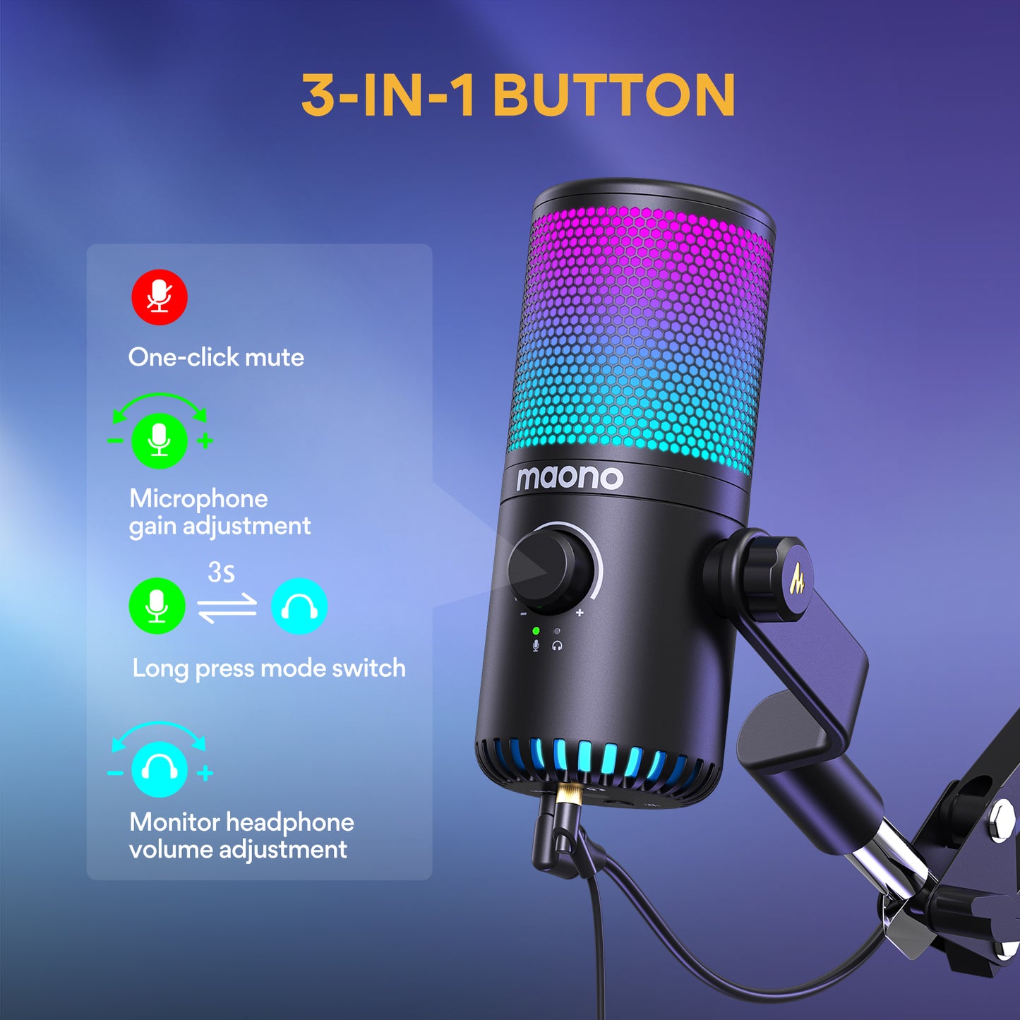 Maono DM30 RGB - USB Streaming Microfoon met Ruisonderdrukking - Gaming - Podcast - PS5 / PS4 / PC / MAC / Windows / iPhone / Android - Touch Mute Knop - Popfilter