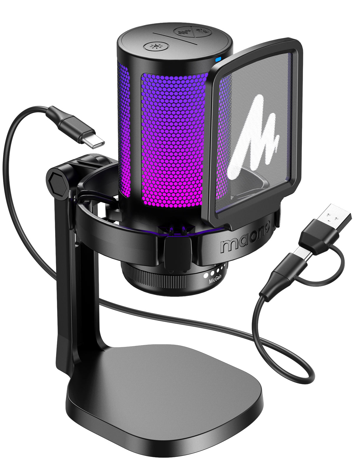 Maono DGM20 - USB RGB Streaming Microfoon met Ruisonderdrukking - Gaming - Podcast - PS5 / PS4 / PC / MAC / Windows / iPhone / Android - Touch Mute Knop - Popfilter