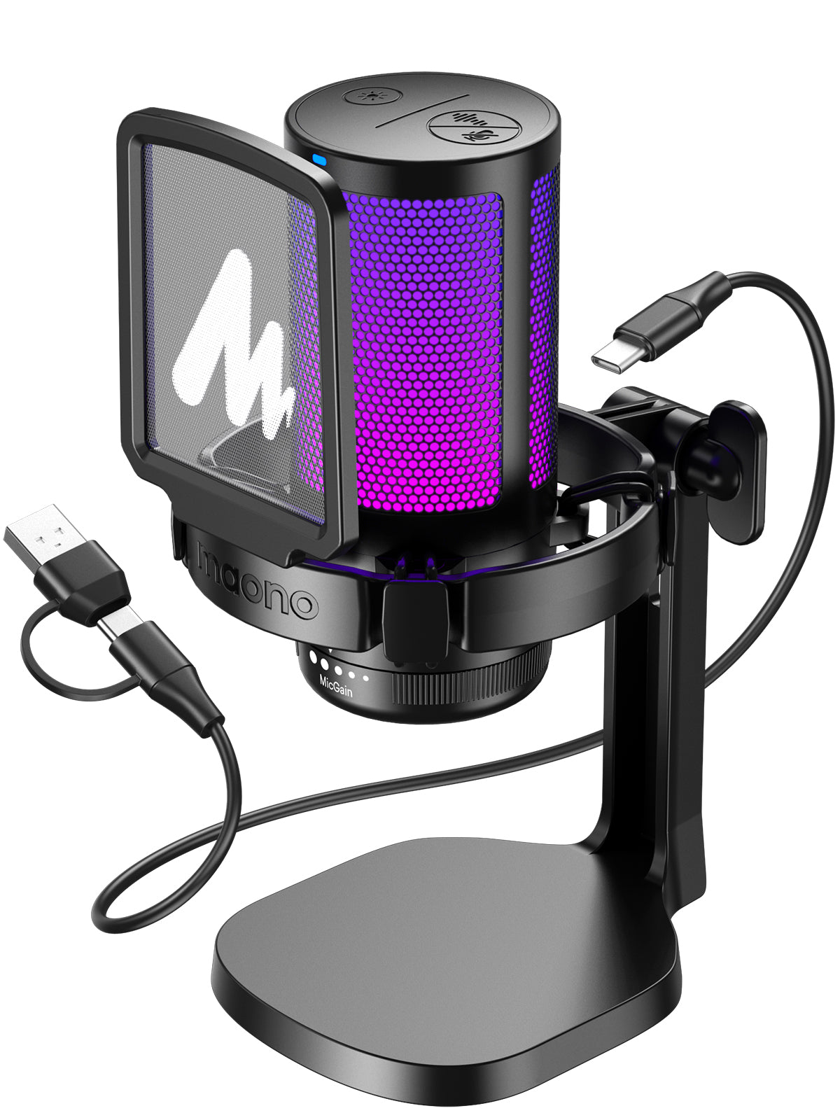 Maono DGM20 - USB RGB Streaming Microfoon met Ruisonderdrukking - Gaming - Podcast - PS5 / PS4 / PC / MAC / Windows / iPhone / Android - Touch Mute Knop - Popfilter