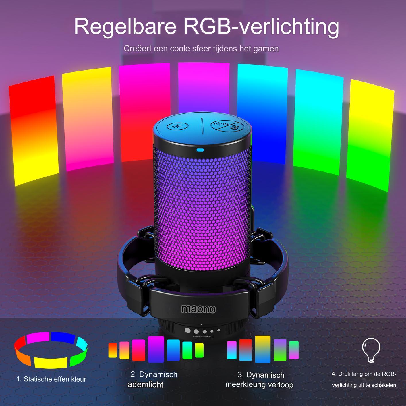 Maono DGM20 - USB RGB Streaming Microfoon met Ruisonderdrukking - Gaming - Podcast - PS5 / PS4 / PC / MAC / Windows / iPhone / Android - Touch Mute Knop - Popfilter