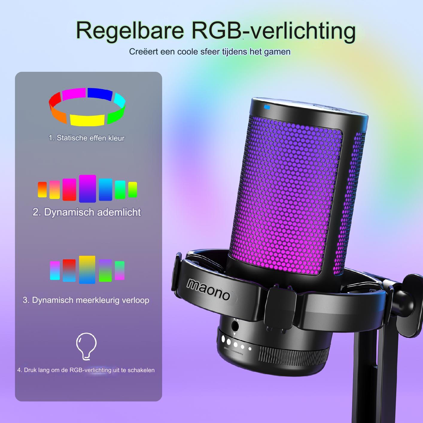 Maono DGM20 - USB RGB Streaming Microfoon met Ruisonderdrukking - Gaming - Podcast - PS5 / PS4 / PC / MAC / Windows / iPhone / Android - Touch Mute Knop - Popfilter