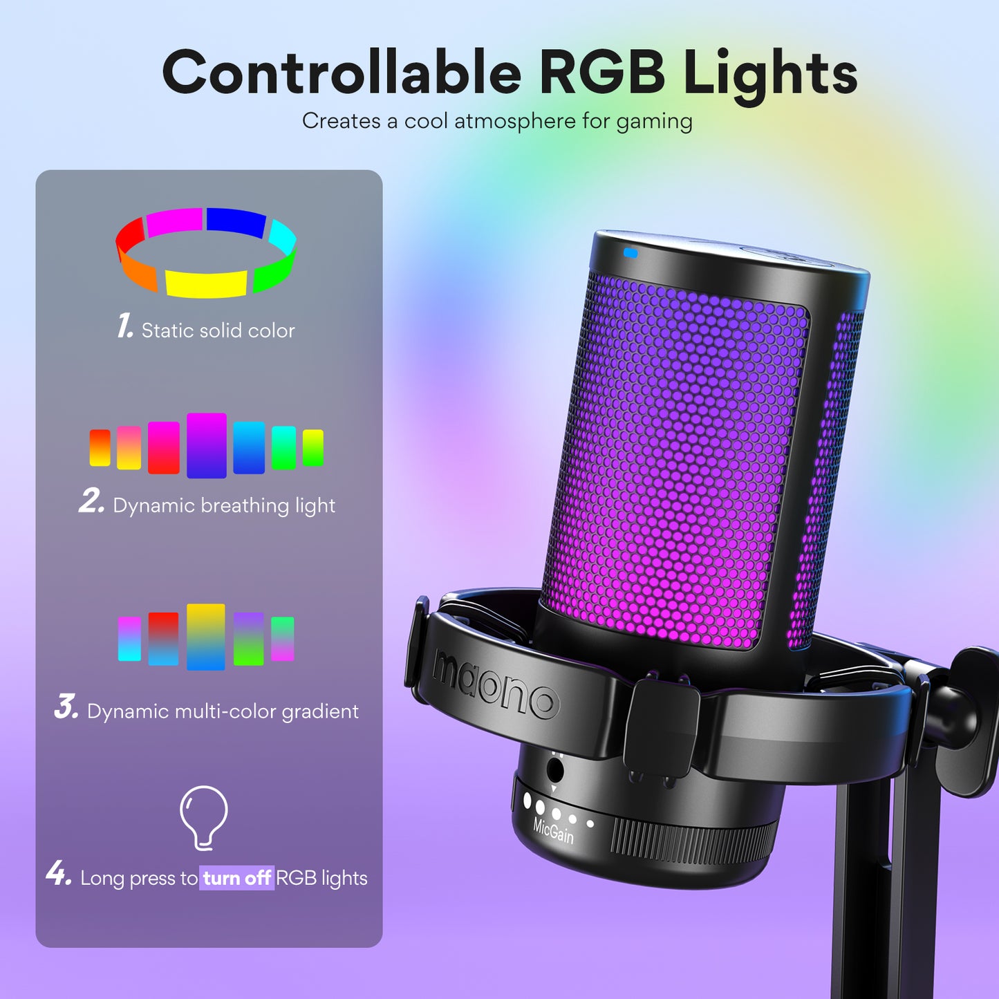 Maono DGM20 - USB RGB Streaming Microfoon met Ruisonderdrukking - Gaming - Podcast - PS5 / PS4 / PC / MAC / Windows / iPhone / Android - Touch Mute Knop - Popfilter