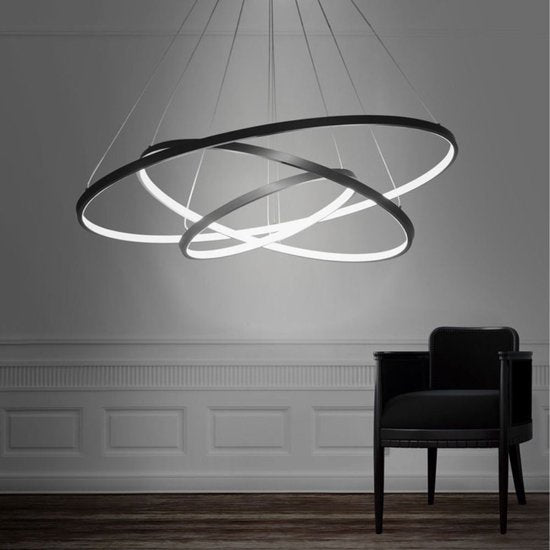 INOLEDS® - Design Hanging Lamp Black - Dimmable LED - Three Rings - Ø80cm - Height Adjustable - With Remote Control - Dining room - Living room - Hanging lamps