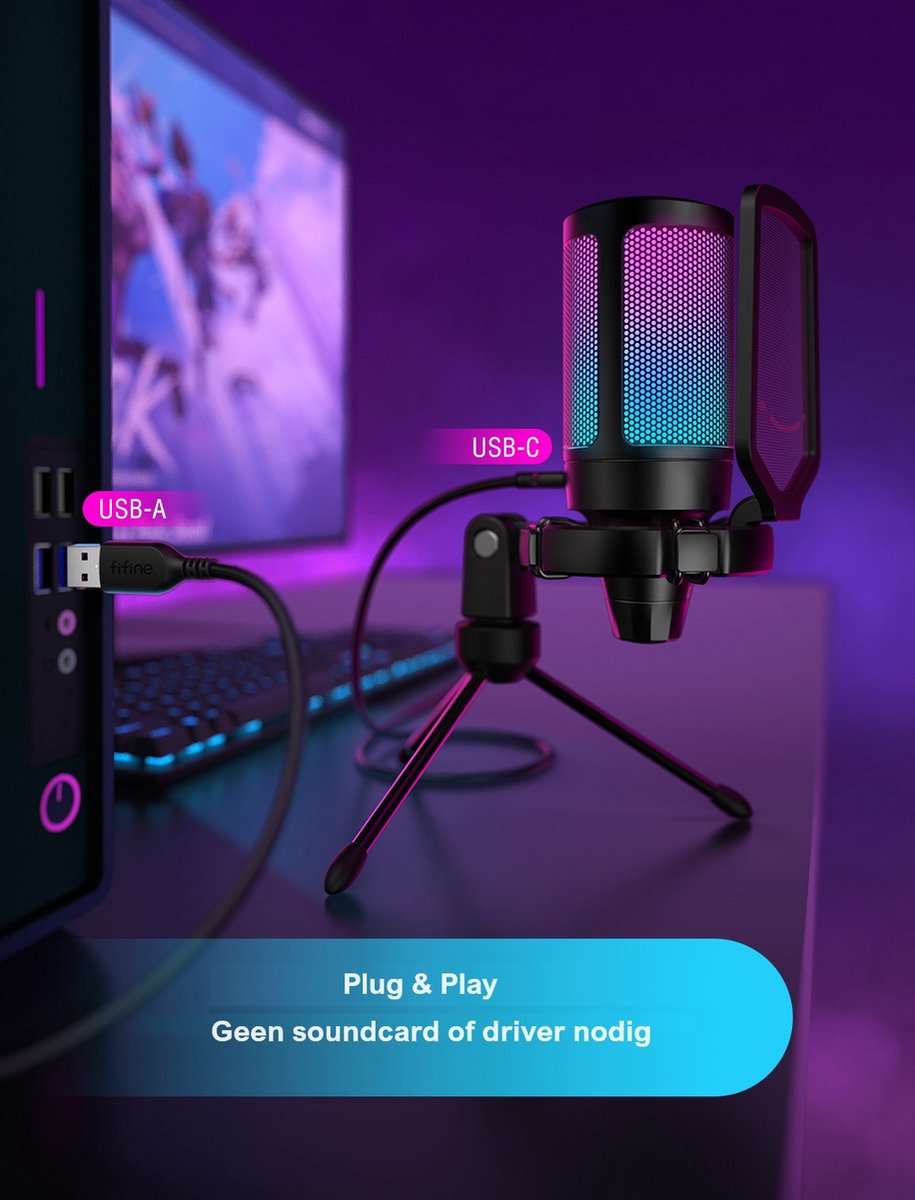 FIFINE - A6V - USB RGB Streaming Microfoon met Standaard - Gaming - Podcast