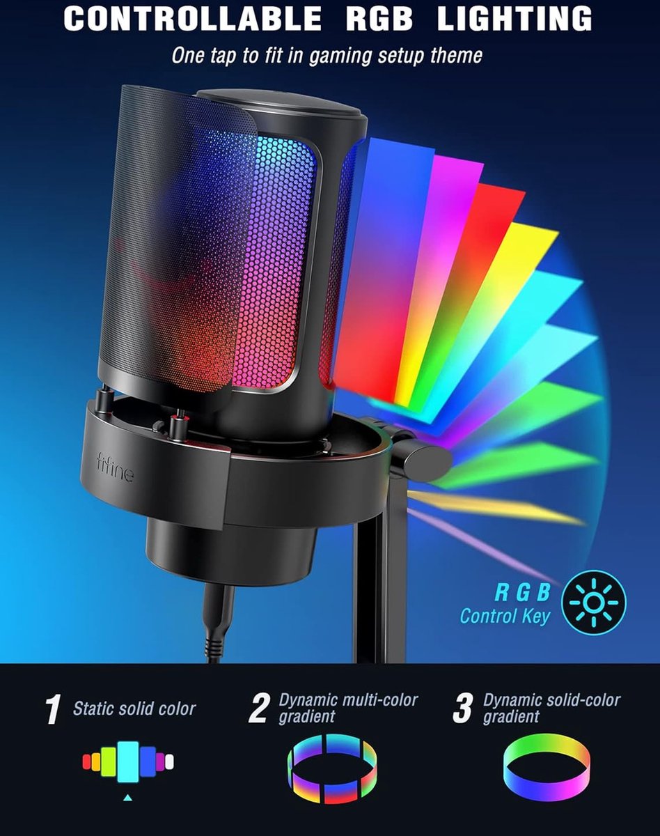 FIFINE - A8 - USB RGB Streaming Microfoon met Standaard - Gaming - Podcast - Geschikt voor - PS5 / PS4 / PC / Windows - Touch Mute Knop - Filter