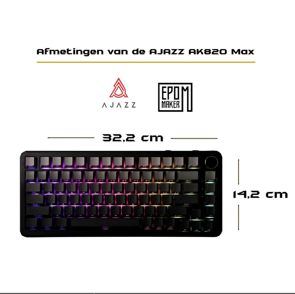 EPOMAKER x Ajazz - AK820 Max - Zwart / Grijs - RGB - Mechanisch Draadloos Toetsenbord - 75% - QWERTY - Gaming Keyboard - Sea Salt Switch