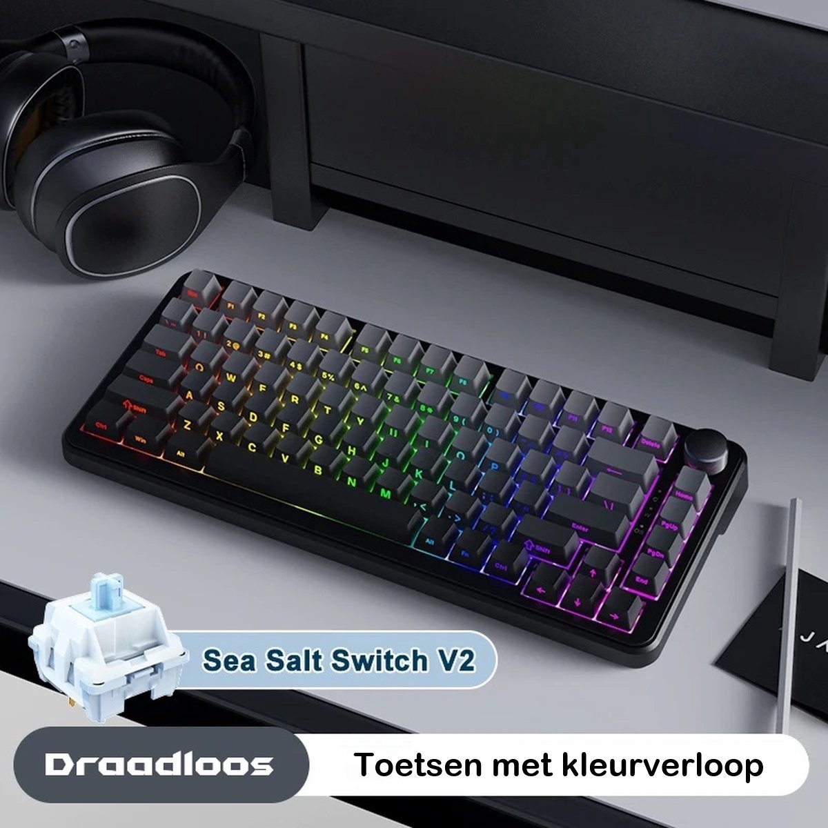 EPOMAKER x Ajazz - AK820 Max - Zwart / Grijs - RGB - Mechanisch Draadloos Toetsenbord - 75% - QWERTY - Gaming Keyboard - Sea Salt Switch