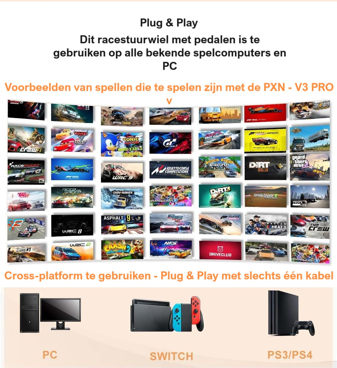 PXN - V3 Pro - Race Stuur met Pedalen - Game Stuur voor PS4 - Xbox One - PC - Xbox Series X|S - PS3 - Switch - Zwart