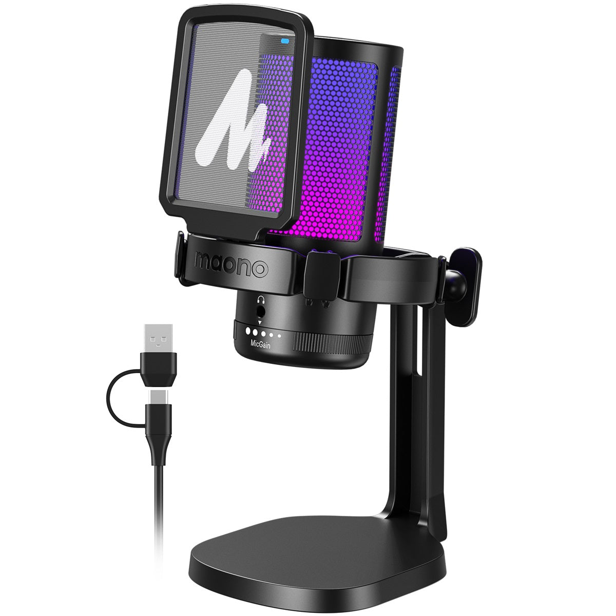 Maono DGM20 - USB RGB Streaming Microfoon met Ruisonderdrukking - Gaming - Podcast - PS5 / PS4 / PC / MAC / Windows / iPhone / Android - Touch Mute Knop - Popfilter