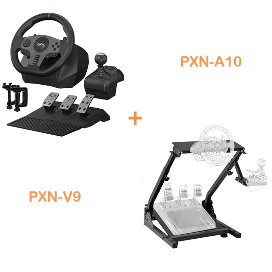 PXN – Starter Pack – Rennrad mit Radständer – PXN V9 + PXN A10 – mit Pedalen und Schalthebel – 270/900° – Game Wheel für PS4 – Xbox One – PC – Xbox Series X|S – PS3 – Switch